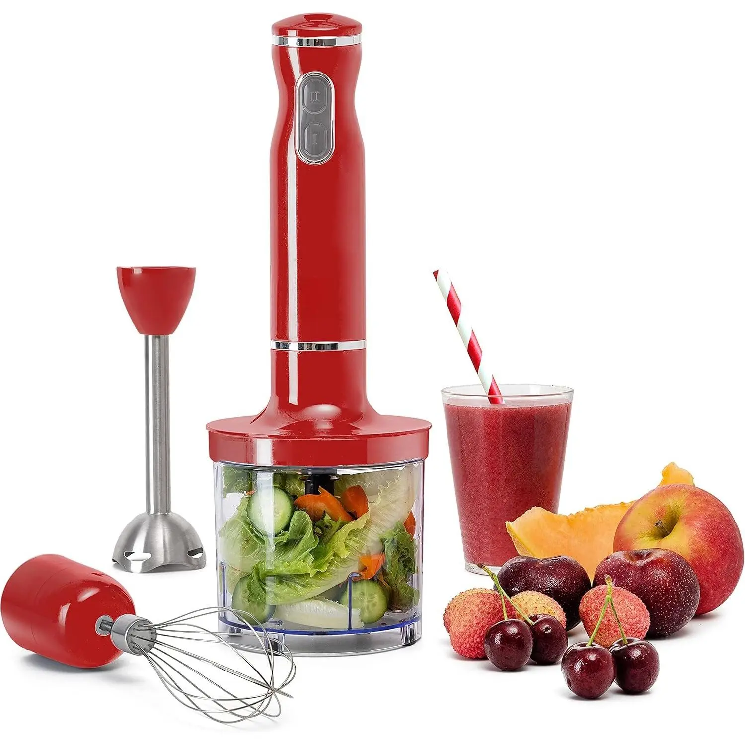 Electric Hand Blender Set, 300W Immersion Hand Blender with Whisk and , Stainless Steel Shaft and , 2-Speed Handheld Mixer with  Grip, Red