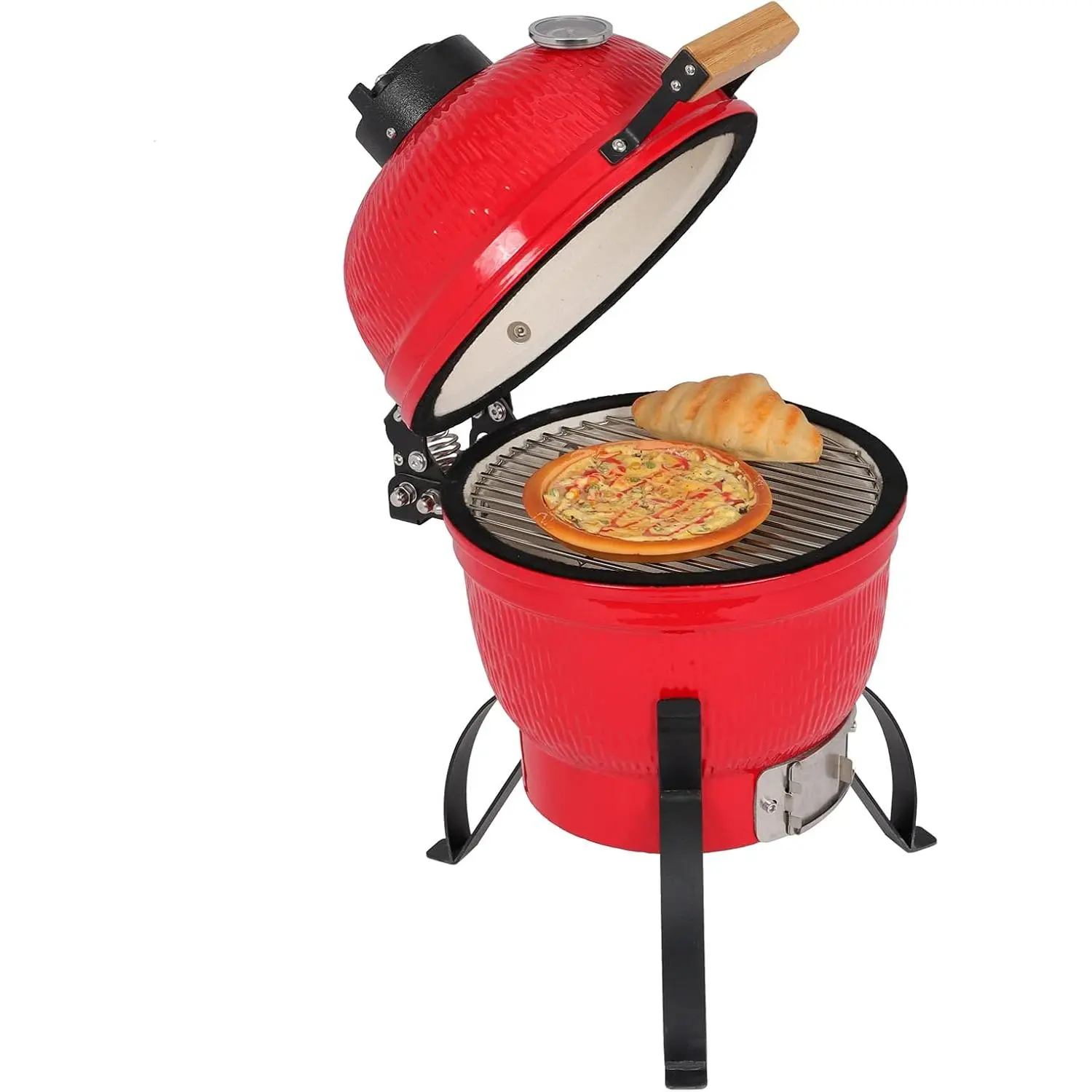Ceramic Grill, 13" Round Kamado Charcoal Grill, Portable Barbecue Grill with Thermometer for Variations on Cooking Methods(Red)
