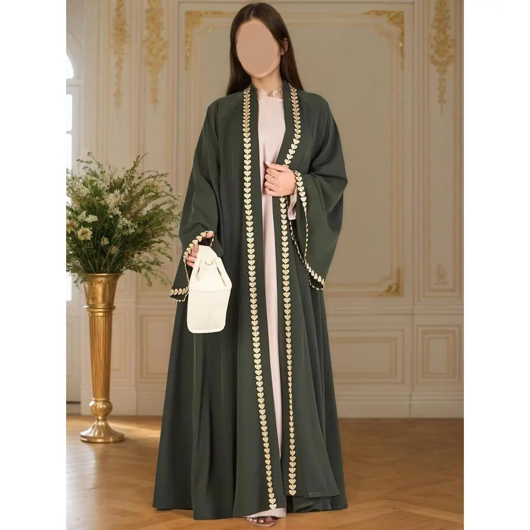 Versatile Women's Heart Embroidery Open Front Abaya, Ladies Islamic Clothing for All Seasons, Long Sleeve Maxi Muslim Abaya?for Party Wedding Guest, Fashion, Vacation Ready, Easy Wear, Wear