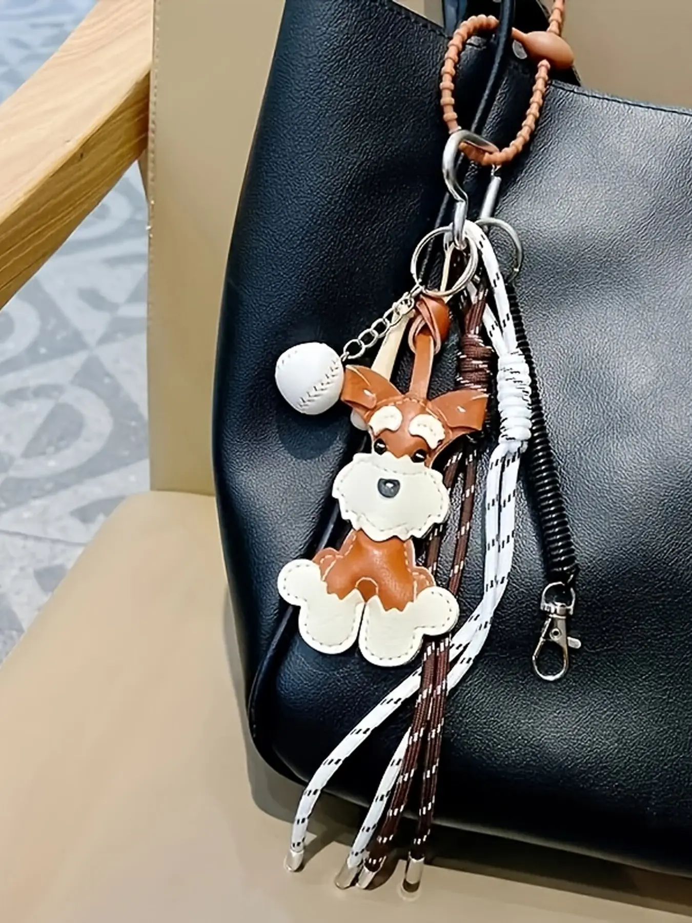 Pu Schnauzer Baseball Pendant, Cute Retro Style With Baseball Decoration, Tassel Strap, Charms For Bags, Charms For Purses, Purse Accessories, Suitable For Girls' Daily Commute And Date Outfits, Stylish Playful Charm