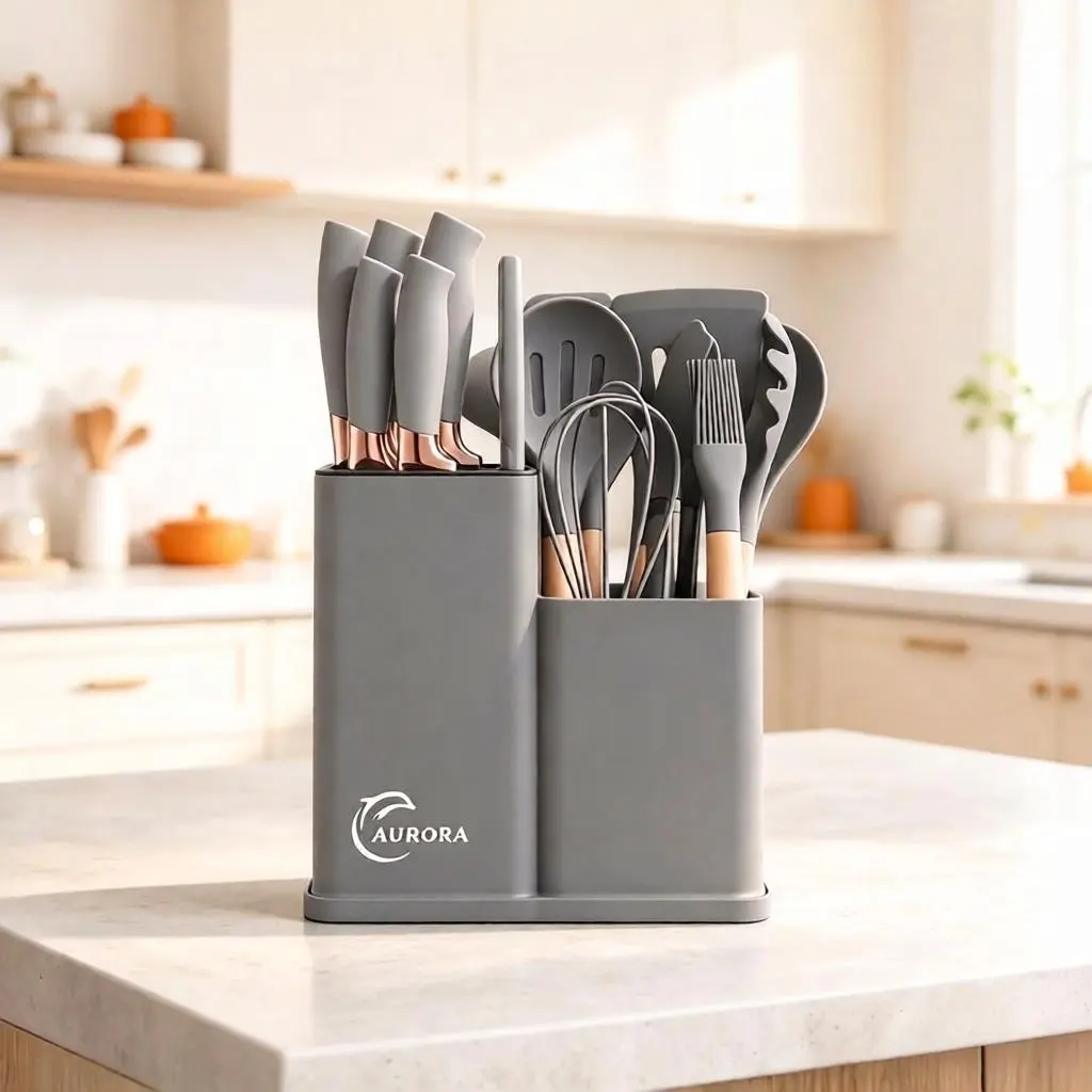 19-Piece Durable Stainless Steel Kitchen Knife Set - Blush Pink & White Wooden Handles, Non-Stick Pots and Pans Set, Food-Grade Silicone Spatulas/Turners, Heat-Resistant Ladle, Pasta Organizer, Cutting Board, Easy to Clean, Ideal for Cooking & Gifting