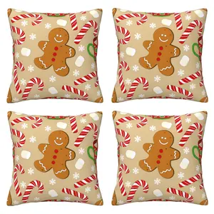 Christmas Pillow Cover with Gingerbread Man Cane Candy Pillow Cover, Snowflake Christmas Holiday Outdoor Decoration Farmhouse Winter Decoration Cushion Cover, Suitable for Home Sofa Bed, 4-piece Set with Double sided Printing