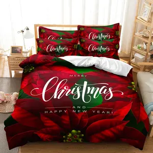 3pcs Elegant Red Poinsettia Duvet Cover, Christmas Floral Print Bedding Collection, Festive Holiday Style Bedding Set For Bedroom Guest Room, Inccluded 1 Duvet Cover + 2 Pillowcases (Comforter Not Oncluded)