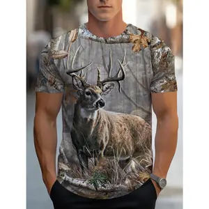 Men's T-Shirt - Realistic Deer Head Graphic Tee, Lightweight Fabric Shirt for Hunting, Parties, Everyday Casual - Brown/Gray/Black/Color Options - Machine Washable Regular Fit Round Neck Top, Hunting Shirts, Party Outfit, Natureinspired Design