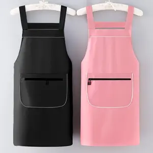 Waterproof Oil-Proof Aprons with Zipper Pocket, Adjustable Neck Strap & Back Ties, Available in Black & Pink, Made of Polyester for Home Restaurants