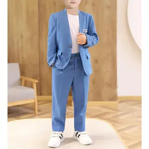Boys' Casual Polyester Suit Set - Lapel Collar Solid Color Jacket and Pants, Non-Stretch Fabric, Button Detail, Regular Fit for Spring/Summer/Fall, Children's Formal Event & Performance Attire, Woven - 70% Polyester, 27% Viscose, 3% Elastane