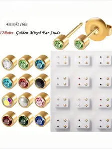 [12 Pairs | Rhinestone] 12 Pairs 4Mm Rhinestone Stud Earrings | Randomly Mixed Color Set