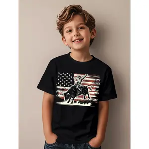 Rodeo Rider Bull Patriotic Cowboy USA Flag Funny Aesthetic Graphic Kid T-Shirt Popular Kid T Shirts Trendy Cool Tees Tops for Kid