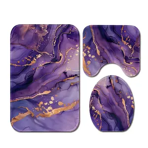 3pcs Purple Marble & Golden Flannel Bathroom Mat Set - Non-Slip, Soft, 100% Polyester, Modern Design - Includes U-Shaped Toilet Mat, Toilet Lid Cover & Rectangular Rug - Stylish Home Decor Accessories, Bathroom Deco