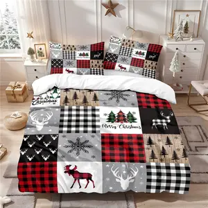 Christmas Theme 3-Piece Deer Snowflake Plaid Bedding Set, Polyester Fiber, 1 Fitted Sheet & 2 Pillowcases
