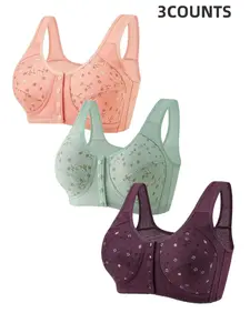 3-Pack Floral Wireless Bras, Comfortable & Breathable, Push-Up Without Underwire, Easy Front Buckle Design, All-Season Elegant Lined Set
