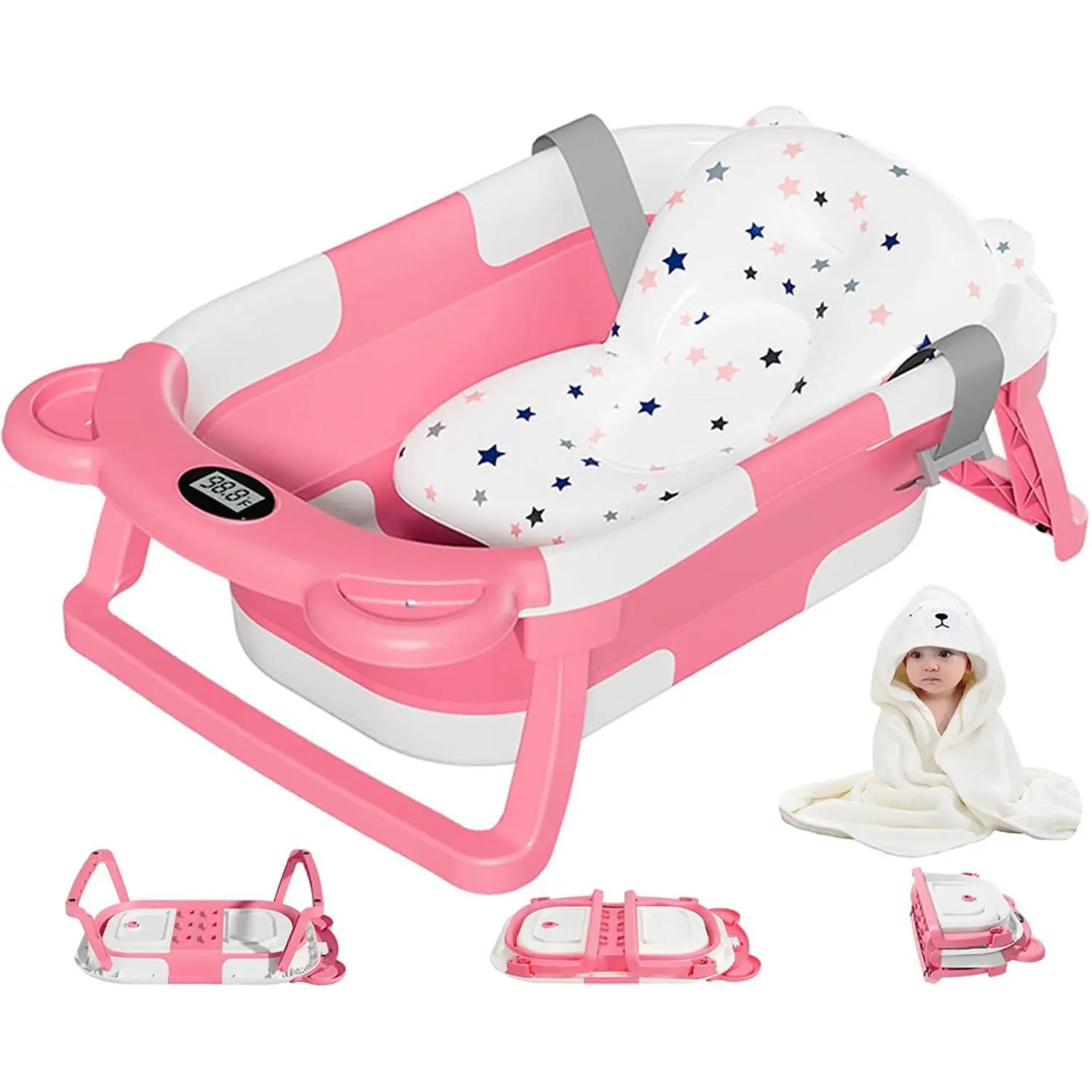 Collapsible Baby Bathtub for Newborn with Thermometer & 1 Hooded Towel & 1 Soft Floating Cushion,Portable Travel Bathtub with Drain Hole, Durable Foldable Baby Tubs for Infants to Toddler toys, travel baby tub,Baby bath