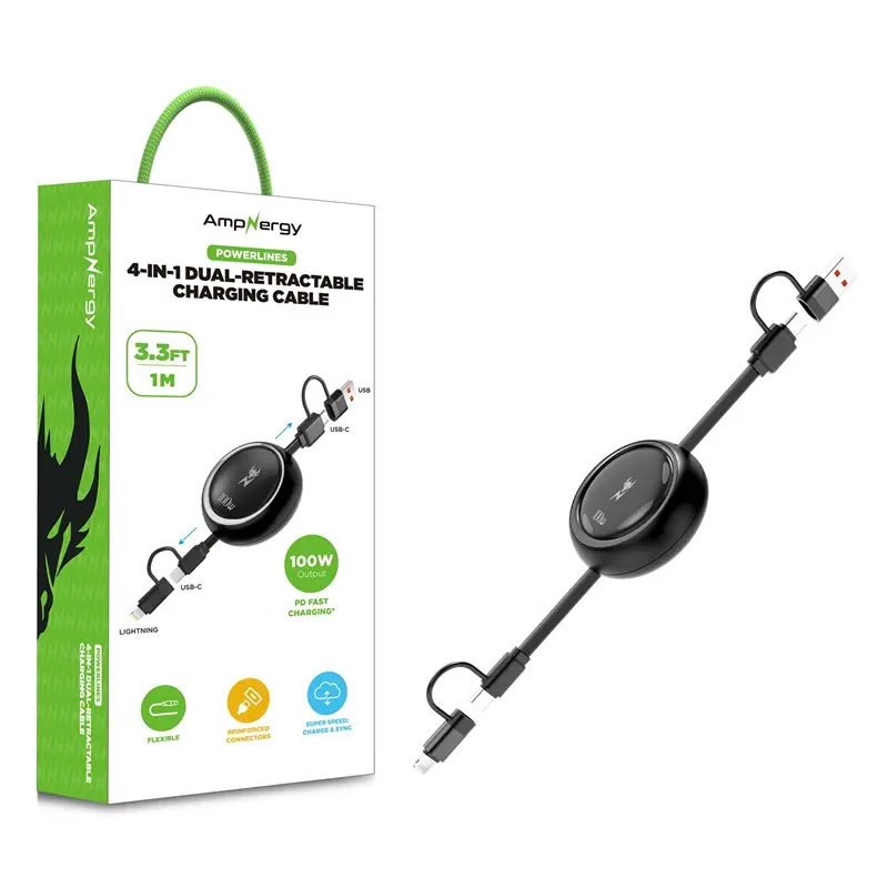 AmpNergy 100W 4-in-1 Dual-Retractable Mobile Charger Cable - 3FT, Lightning Compatible, Multi-Device Adapter, Dual-Port USB-C/Lightning, Compact Travel for Mobile Phones & Electronic Devices, Lightning Compatible Cables