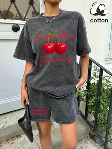Women's washed distressed retro Vintage style casual trendy chic short-sleeved and shorts suit, cherry print women's summer suit, a must-have suit for back to school