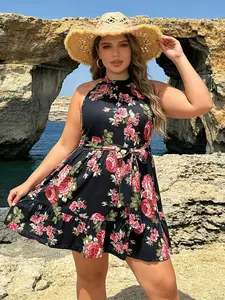 Plus Size Boho Feminine Halter Ditsy Floral Dress, Rose Print Ruffle Short Skirt, Detachable Waistband, Summer Beach Party Dress