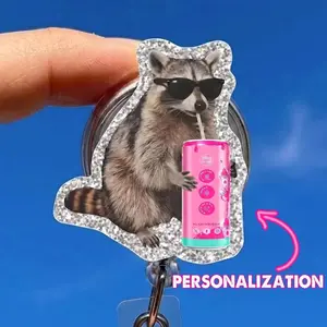 Personalized Raccoon Diet Coke Badge Reel, Acrylic ID Holder, Soda Lovers Gift