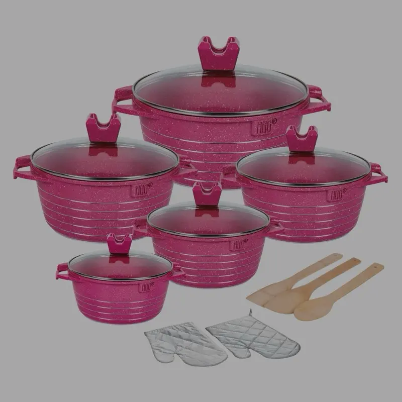 Pink Enamel Cookware Set with Glass Lids and Wooden Spoons 10-Piece Non-Stick Pot and Pan Kit for Cooking