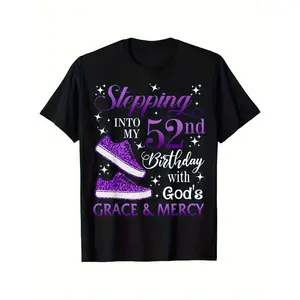 Women's Birthday Christian Apparel - Walking into My 52nd Birthday T-Shirt with God's Grace & Mercy, Religious Birthday Gift for Women, Black with Purple Lettering - Loose Fit Round Neck Tee for Church, Everyday Faith Wear, Casual Faith Clothing, Short Sl