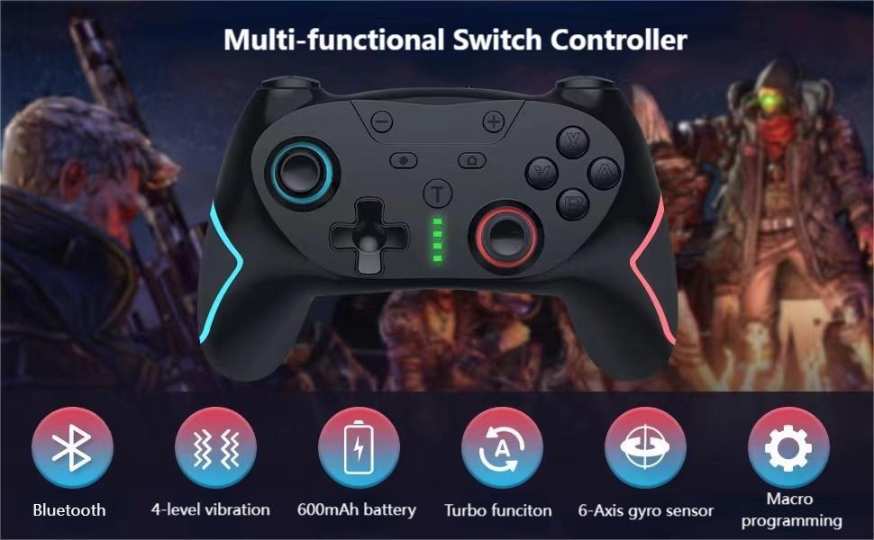 Matbip Wireless Controller for Switch/Switch Lite/Switch OLED/Switch 2, Wireless controller with 2 back buttons, 3-level TURBO adjustable(blue&red)