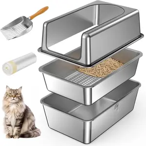 Stainless Steel Sifting Litter Box with Lid,XL  Metal Sifting  Litter Box for Pine Pellets,High Sides Sifter Litter Pan System for Big Cats,Odor Control,Sifting Box Liners and Scoop