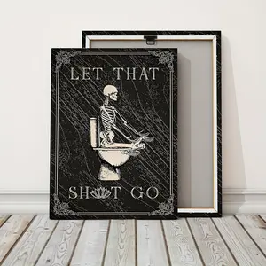 1 Count Wooden Framed Funny Humorous Skeleton Toilet Yoga Let That Shit Go Wall Art, Bathroom Decor Canvas Posters, Gothic Wall Decor, Ready To Hang, Gift Idea, Aesthetic Room Decor, Waterproof Canvas Wall Art