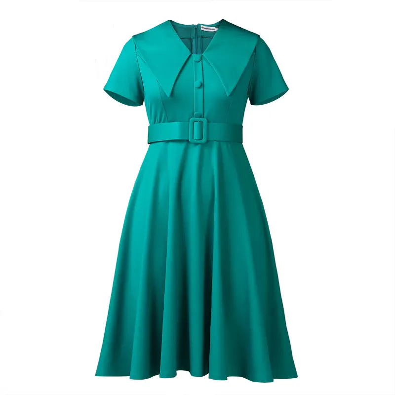 navy blue dress for baby girl Contrast Peter Pan Collar Puff Short Sleeve A-Line Dress, Blue / M main image 0