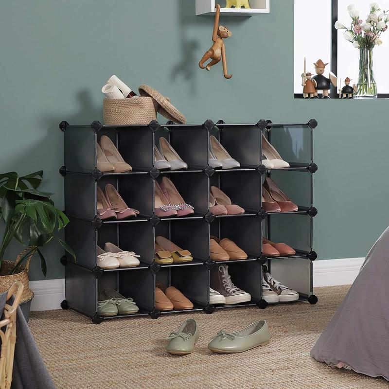 Interlocking Plastic Rack Shoe Rack with 16 Cubes, Interlocking Plastic Organizer, DIY Storage ...
