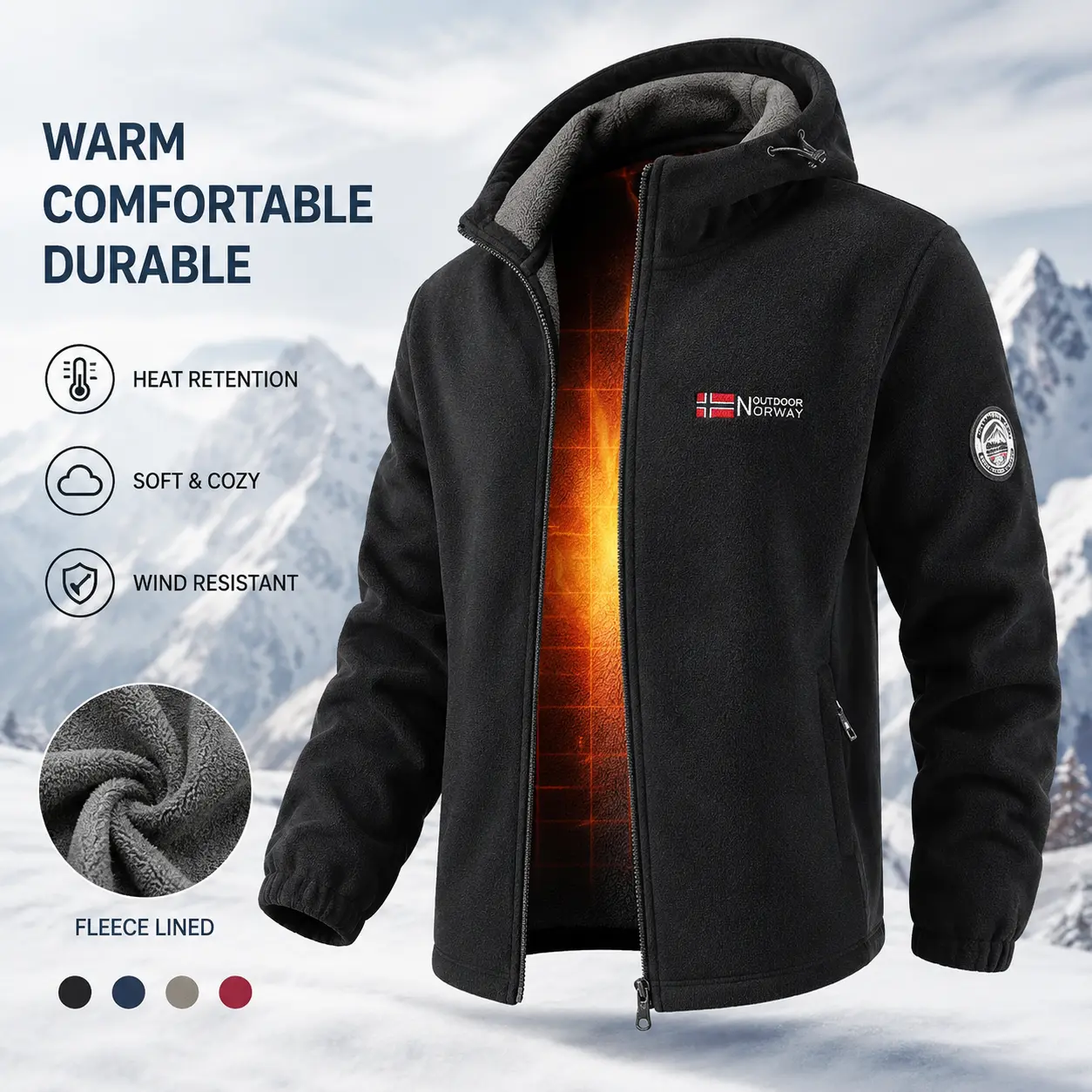Men's Hooded Jacket, Casual Fleece-Lined Plain Coat for Autumn-Winter, Outdoor Outerwear, Dry Clean - Black, Darkblue, Gray