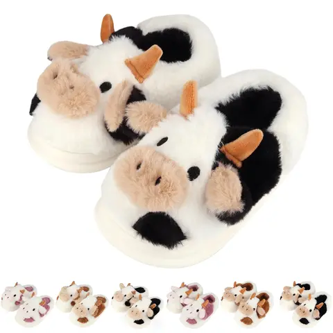 SANPON Women's 3D Cow Animal Print Fluffy Plush Ankle Slippers - Synthetic Flexible Indoor House Slippers, Soft Winter Holiday Slide for Limited Outdoor Use with Soft Plush Cushions for Tired Feet, Indoor Slippers