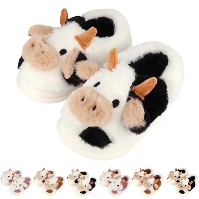 SANPON Women's 3D Cow Animal Print Fluffy Plush Ankle Slippers - Synthetic Flexible Indoor House Slippers, Soft Winter Holiday Slide for Limited Outdoor Use with Soft Plush Cushions for Tired Feet, Indoor Slippers