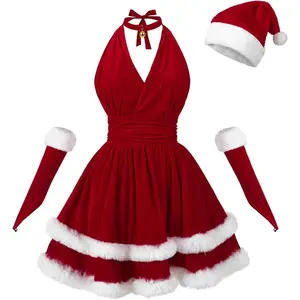 LTAKK Women Santa Dress Mrs Claus Costume Christmas Velvet Mini Dresses Santa Outfit