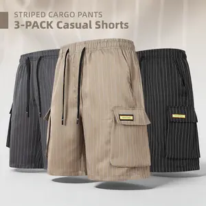 3-pack men’s cargo shorts with vertical stripes, loose straight cut, pockets, drawstring elastic waistband, minimalist retro style, versatile for everyday commuting