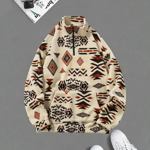 Men's khaki-colored ethnic print half-zip fleece jacket with a retro casual style, featuring a semi-high collar and half-zip design for added versatility. The fleece fabric is soft and skin-friendly, with a full print of unique ethnic patterns that exude