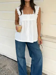French Sweet Lace Trim Square Neck Sleeveless Top, Style Casual Loose Fit Slimming Camisole Vest, Women's Student Party Daily Wear Womenswear