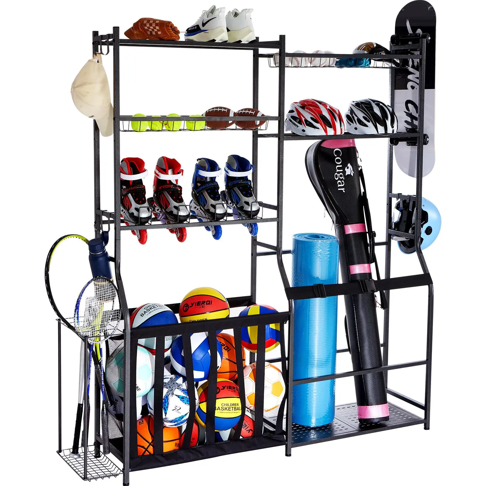 VEVOR Golf Storage Garage Organizer,  2 Golf Bag Storage Stand Holder and Other Sports Equipment Storage Rack, Outdoor Steel Ball Cart, Sports Gear and Toys Storage Shelves with Baskets & Hooks, Black