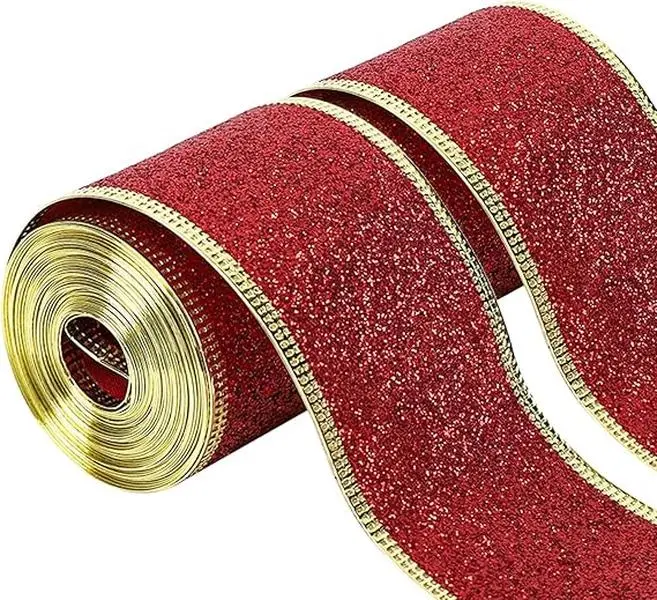 Roll over image to zoom in     20 Yards Glitter Wired Ribbon with Metallic Edge, 2 Inch Christmas Ribbon for Wreath, Tree Decoration, Home Decor (Silver, 20 Yard)