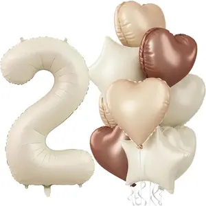 Large Number 2 Balloons, 40'' Beige Nude 2 Balloon with Foil Cream Star Balloon Decor, Neutral Coffee Brown Tan White Sand Helium Heart Balloon for Girls 2nd Birthday Anniversary Party Boho Decoration
