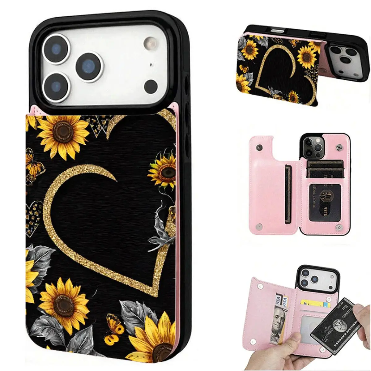 Sunflower Heart Wallet Phone Case for iPhone 17 16 15 14 13 12 Plus Pro Max & Samsung Galaxy S25 S24 S23 S22 Ultra Flip Cover Card Holder PU Leather Protective Case Pink Brown Black anti-drop shockproof phone protective cover hgcase shop other function, S