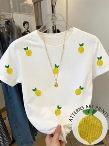 Lemon Round Neck Short Sleeve T-Shirt, Korean Style Fresh Look, 3D Embroidery, Breathable, Casual Summer Wear, Daily