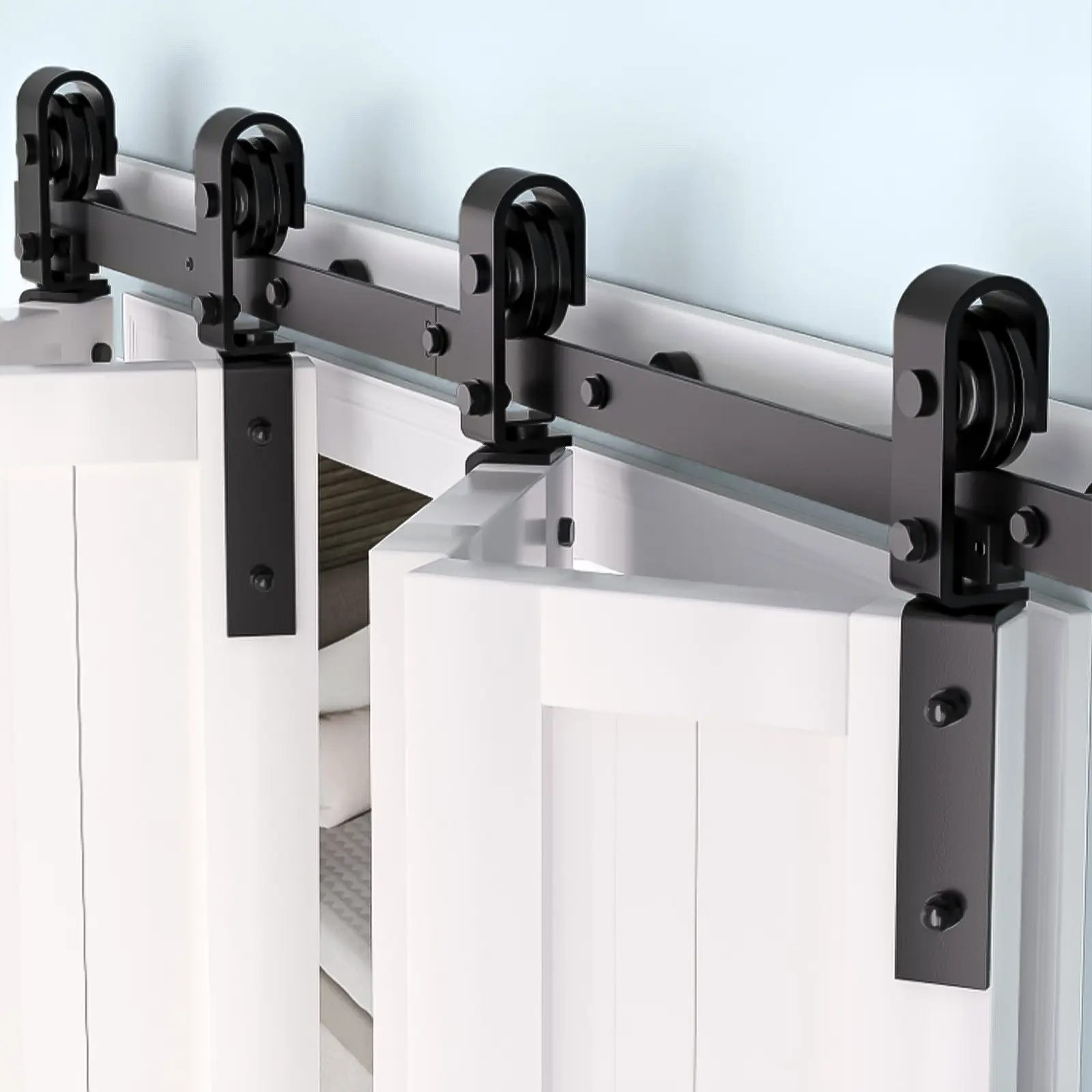 Heavy Duty Bi-Folding Sliding Barn Door Hardware Kit – Smooth & Quiet Operation – Easy Install – Fits 2 or 4 Bi-Fold Doors (12''-17'' Wide) – Side or Slide Mounted Roller – For Closet, Bedroom, Laundry, Farmhouse, Bathroom – Hardware Only
