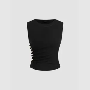 Women's Solid Ruched Round Neck Tank Top - 2 Colors, Size 2-10