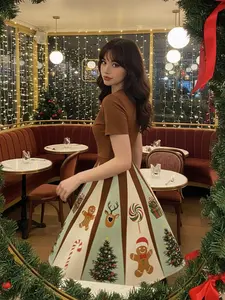 Brown 1950s Christmas Gingerbread Swing Dress - 93% Polyester 7% Spandex Knee Length with Back Concealed Zipper for Women Womenswear Casual Wear