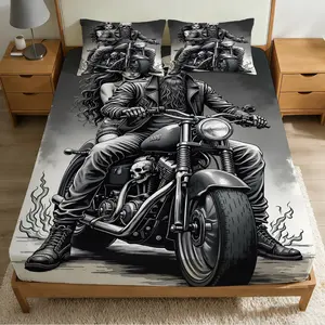 2/3 Pcs Motorcycle Couple Theme High-Definition Digital Printed Pattern Bedding Fitted Sheet Set(1* Fitted Sheet Set +1/2* Pillowcase,no Filling),With Zipper,Machine Wash,Multiple Sizes Suitable For All Seasons,Suitable For Bedrooms,Gift For Family