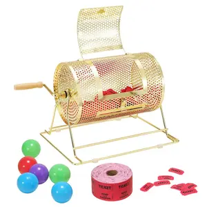 Brass Plated Raffle Drum with Metal Body, 11.6x7.48in Spinning Drawing Cage, Holds 2500 Tickets or 100 Ping Pong Balls, Spins Freely with Wooden Handle, for Bingo Ballot Use