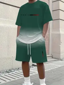 Two-Piece Fashion Casual Sports Set, Gradient Design, Paris Print T-Shirt, Perfect Father's Day Gift, All Seasons Wear, Athleisure Set, Sports Shorts Set