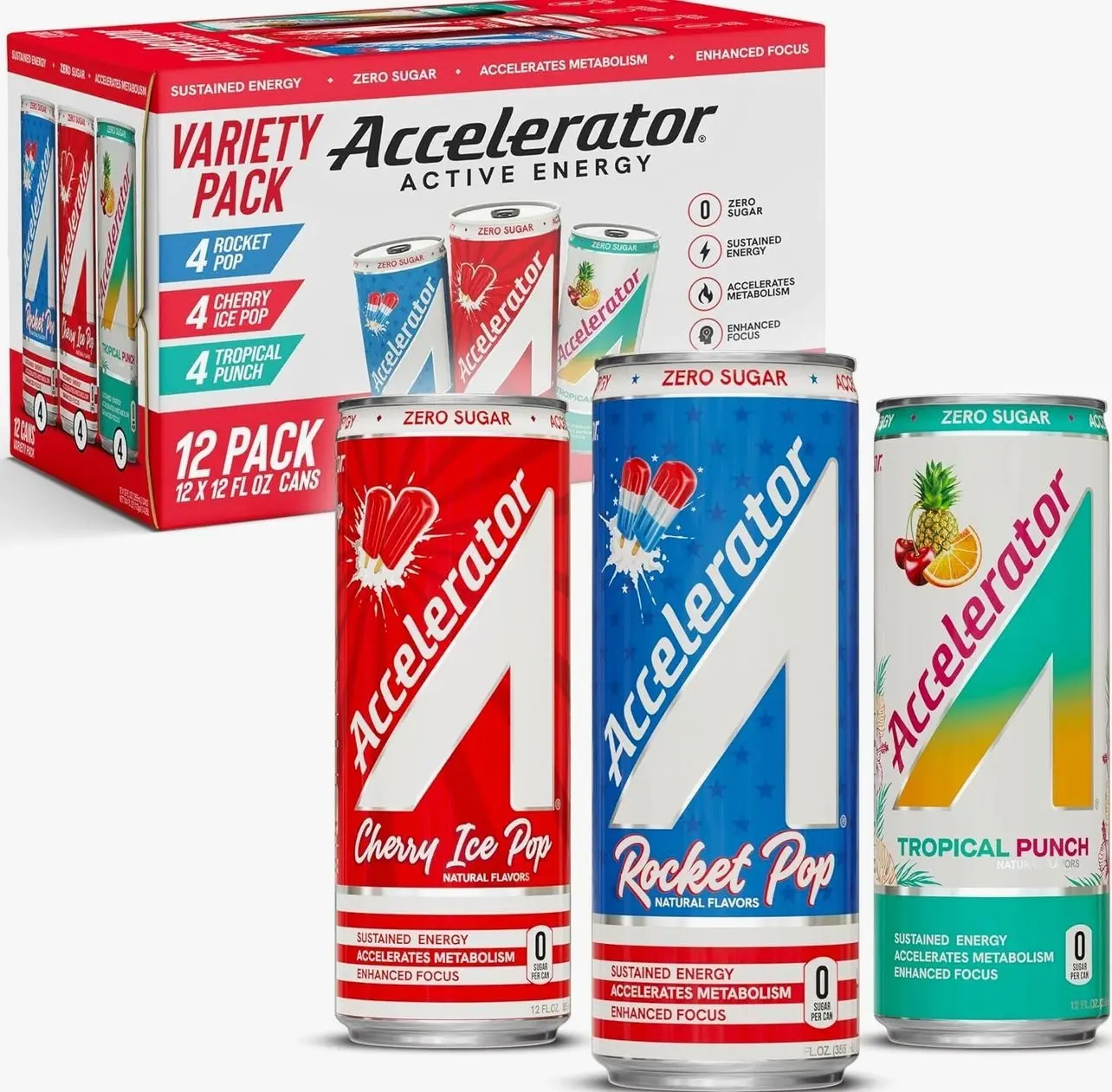 Accelerator Energy Drink, Variety Pack 12oz can (12 pack), Zero Sugar, Sustained Energy from 100% Natural Caffeine (200mg from Green Coffee Bean & Green Tea extract)