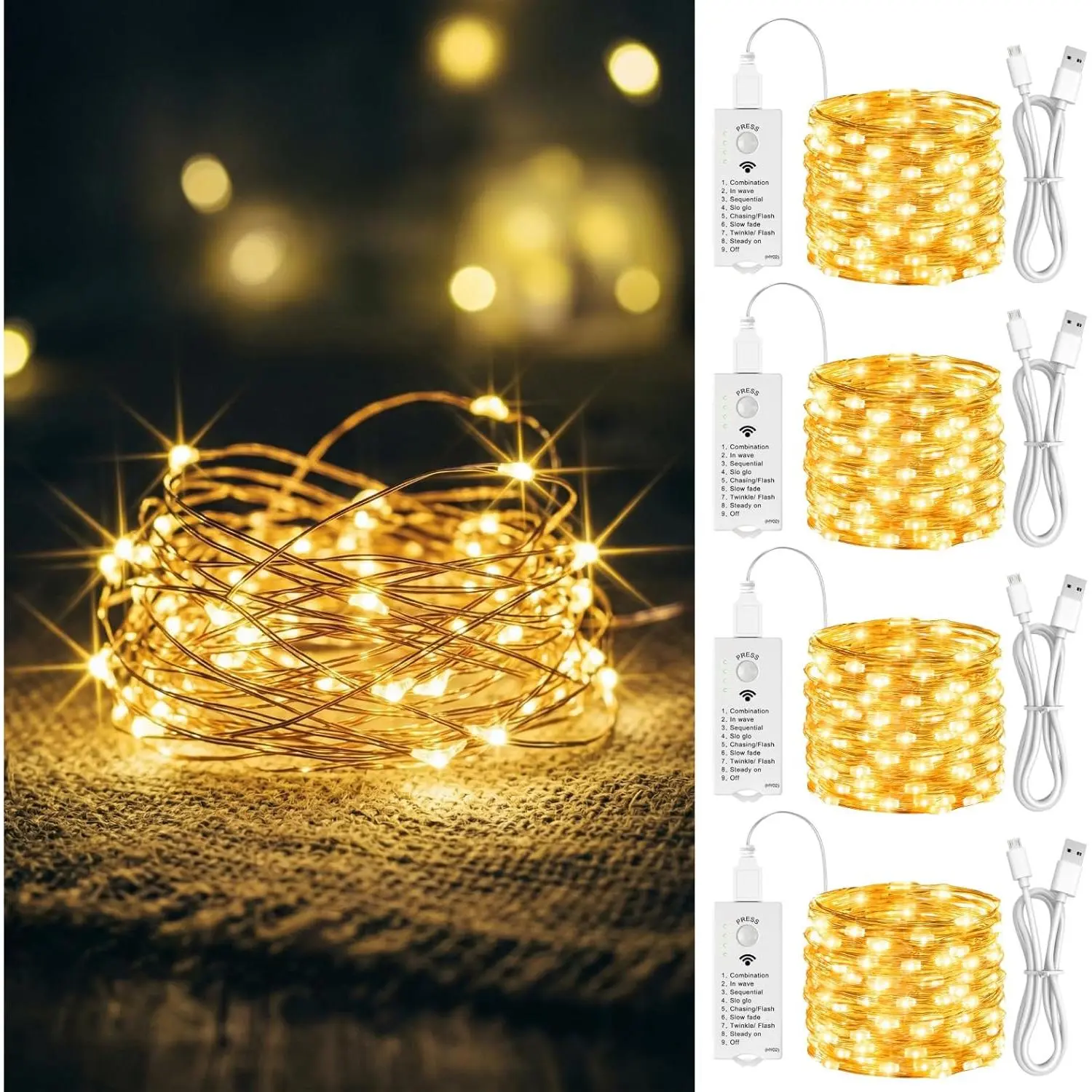 4 Pack Fairy Lights Rechargeable with Timer, 16FT 50 LED Battery Operated String Lights Indoor, Cuttable Starry Mini Twinkle Lights for Christmas Decor, Bedroom, Wreath, Garland (Warm W