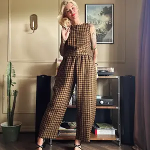 Two-piece Set Women's Gingham Print Tank Top & Wide Leg Pants, Casual Fashion Cozy Outfits for Daily Outdoor Wear, Women Clothes for Spring Fall