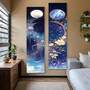 Mystical Night Sky Pattern Tapestry, 2 Counts/set Vertical Tapestry, Celestial Moon and Floral Dreamscape Long Narrow Banner Tapestry, Home Decor for Bedroom, Living Room