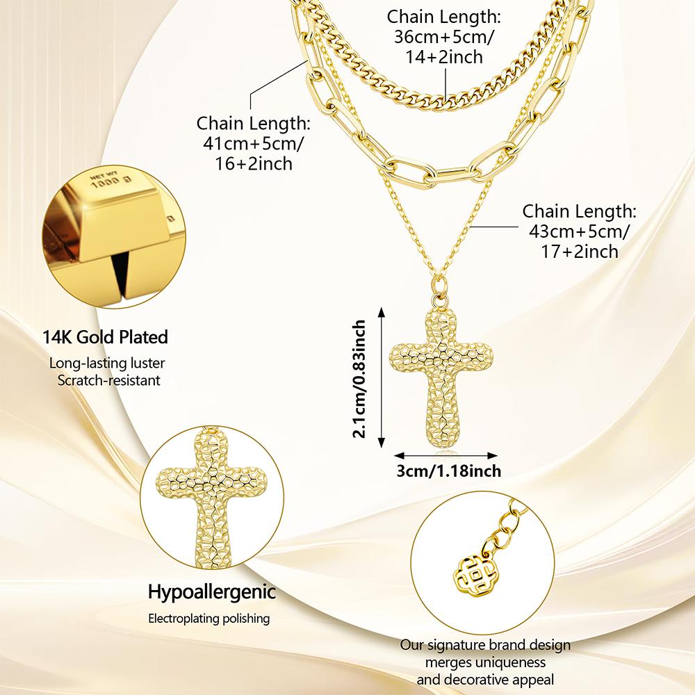 ALEXCRAFT 14K Gold-Plated Cross Necklace — Stylish Women's Jewelry, Faith-Inspired Accessory, Prayer Gift — Chic & Trendy Triple-Layered Necklace for Her — Women's Accessories, Mother's Day Gift